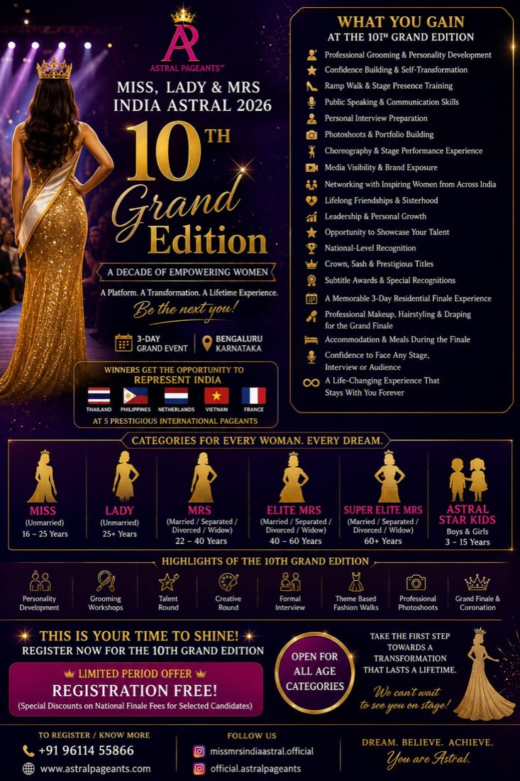 Miss, Lady & Mrs India Astral 2026 — 10th Grand Edition, a decade of empowering women