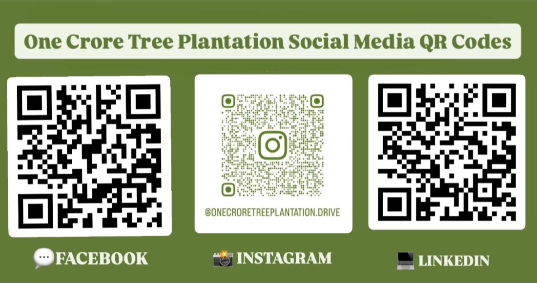 One Crore Tree Plantation social media QR codes — Facebook, Instagram and LinkedIn